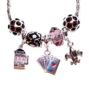 DaVinci Charm Bracelet 8.75" 7 Beads - Casino Cards Poker Gambling Garnet Red CZ